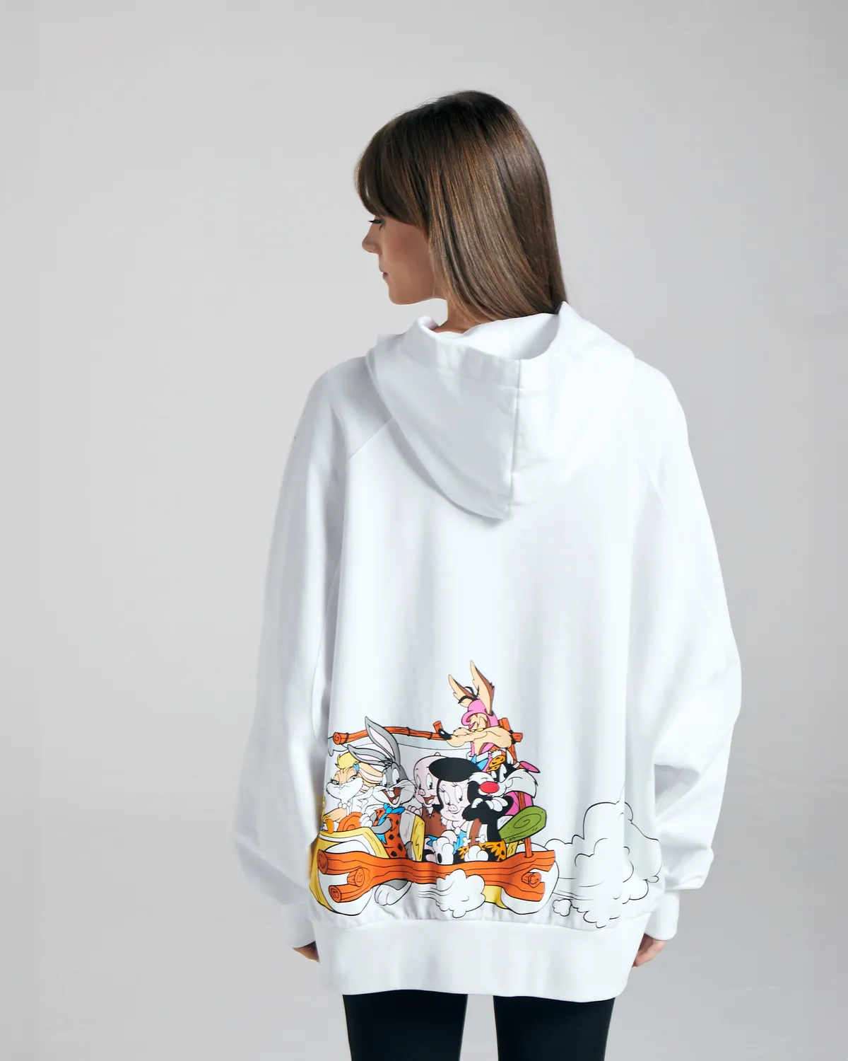 Beyaz Authentic Dinos Warner Bros - Looney Tunes Unisex Beyaz Siyah Comfort Fit Hoodie