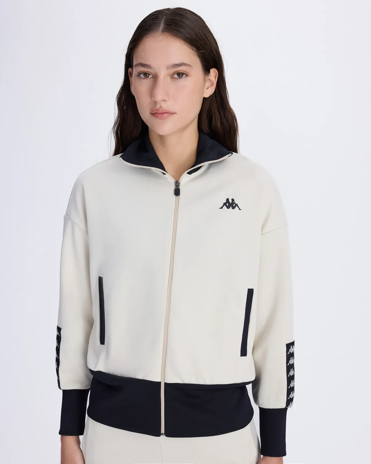 Beyaz Authentic Avy Full Zip Kadın Taş Rengi-Siyah Oversize Fit Fermuarlı Eşofman Üstü