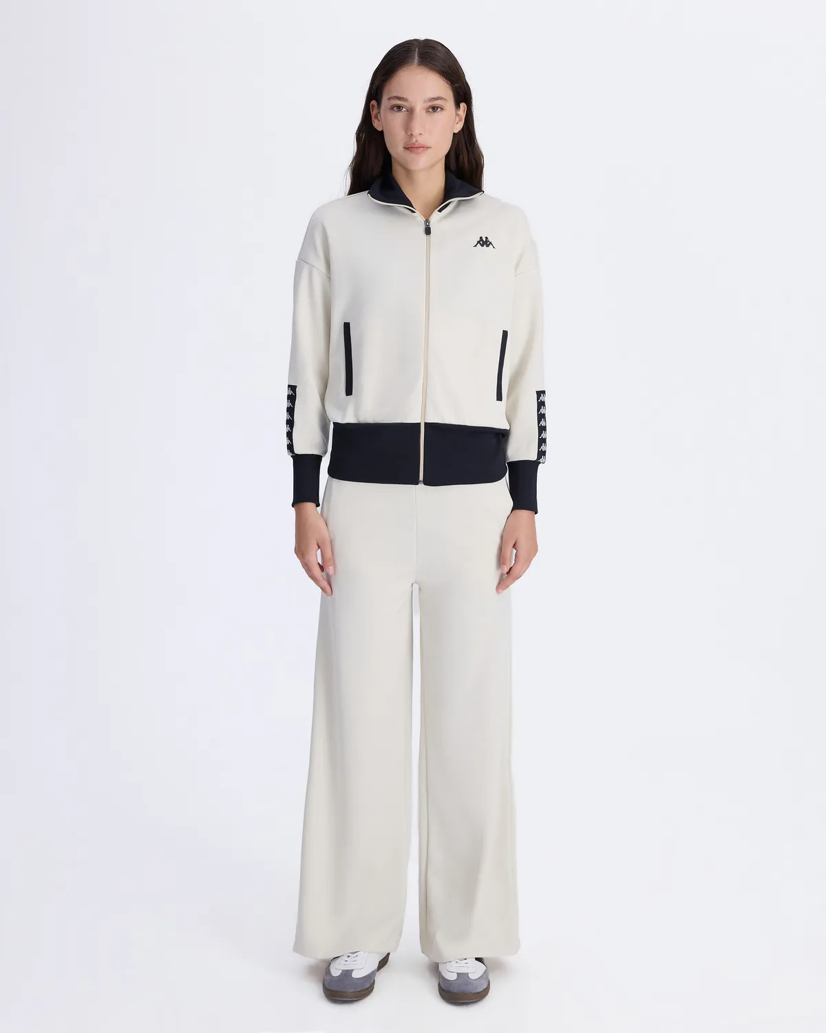 Beyaz Authentic Avy Full Zip Kadın Taş Rengi-Siyah Oversize Fit Fermuarlı Eşofman Üstü