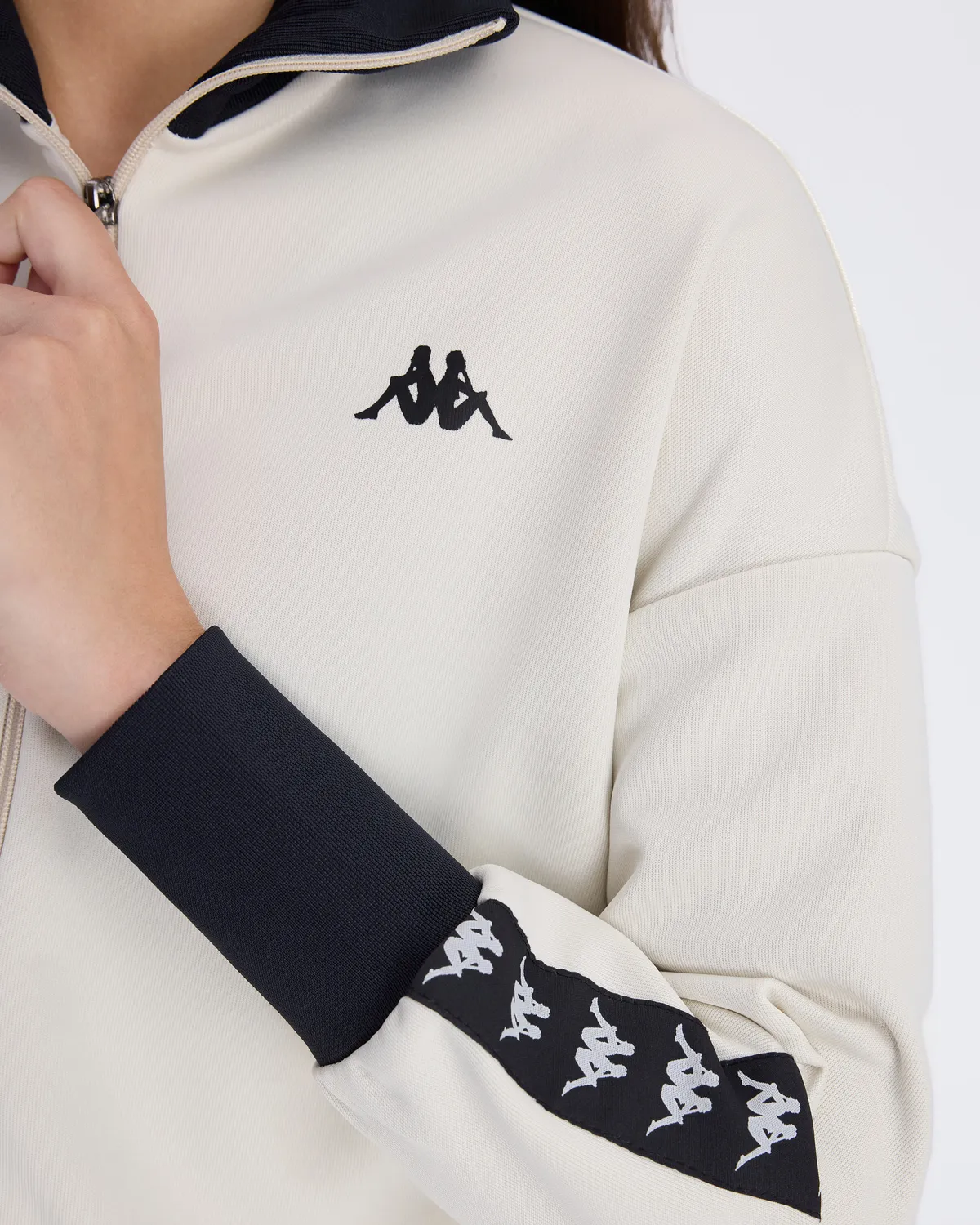 Beyaz Authentic Avy Full Zip Kadın Taş Rengi-Siyah Oversize Fit Fermuarlı Eşofman Üstü