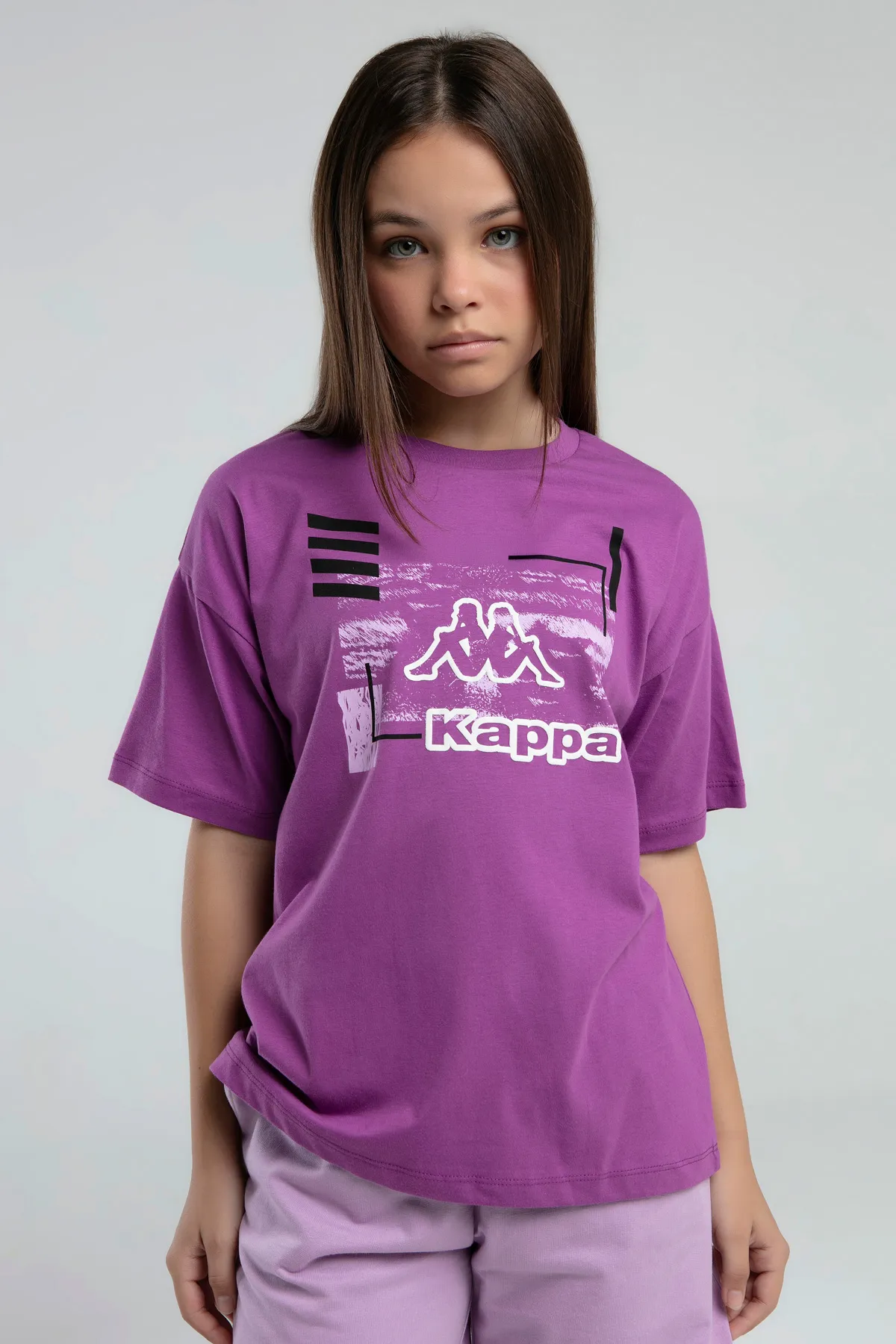Mor Logo Kara Kız Çocuk Lila Regular Fit Tişört