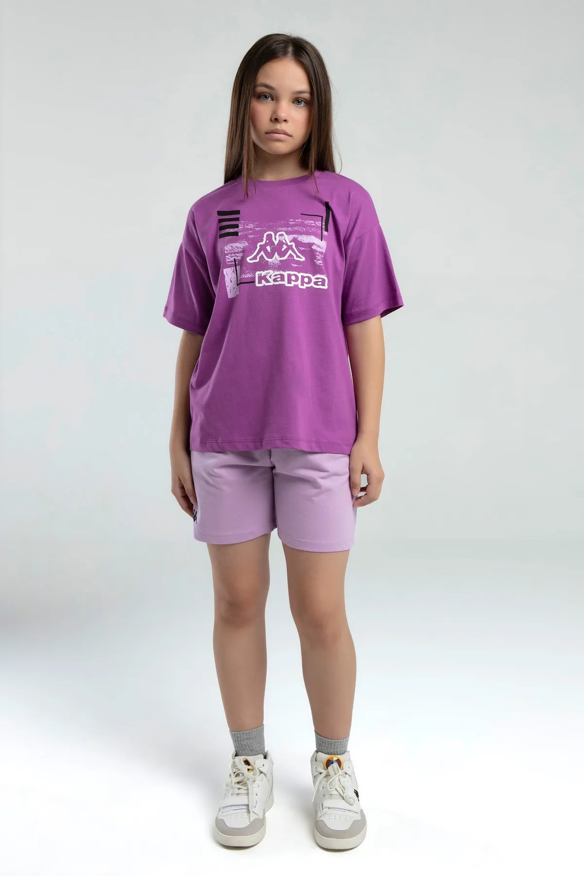 Mor Logo Kara Kız Çocuk Lila Regular Fit Tişört